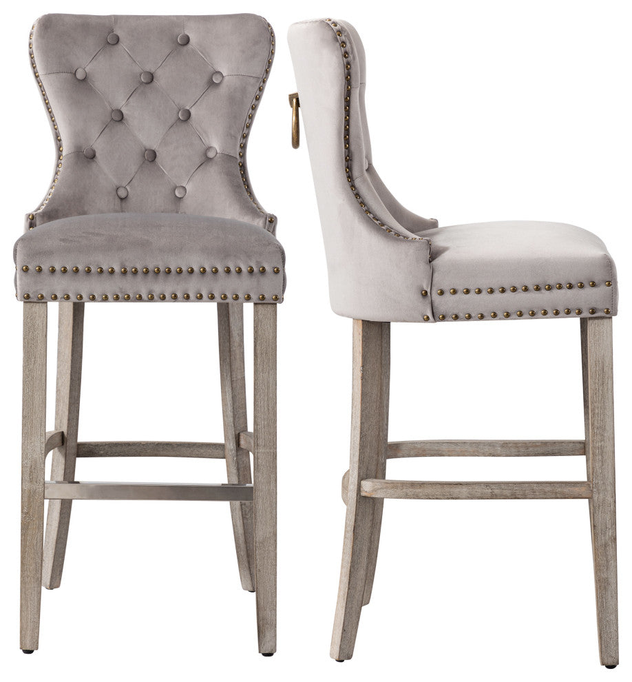 WestinTrends 2PC 29" Bar Height Wingback Velvet Bar Stool Set, Antique Gray, Velvet Gray