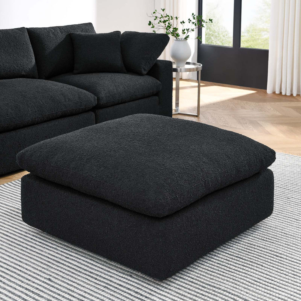 Commix Down Filled Overstuffed Boucle Fabric Ottoman, Black