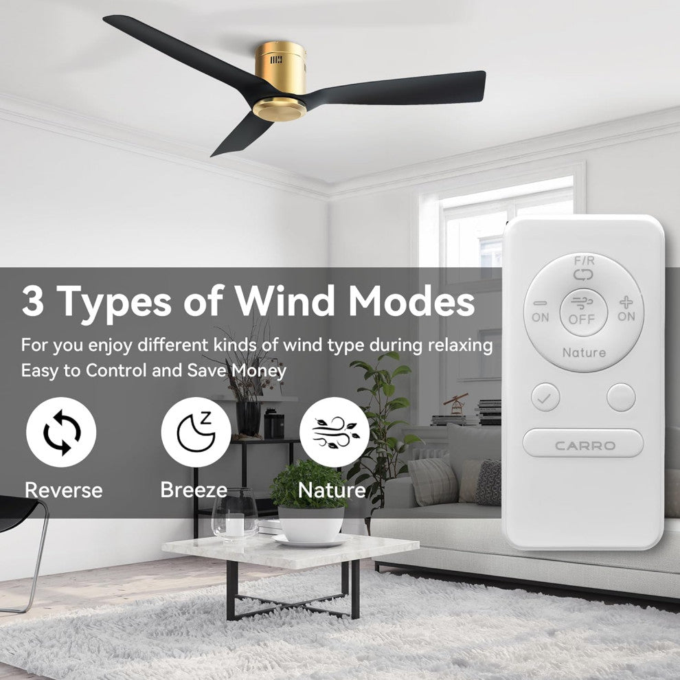 CARRO 52" 3 Blades Flush Mount Ceiling Fan with Remote Control No Light, Black/Gold