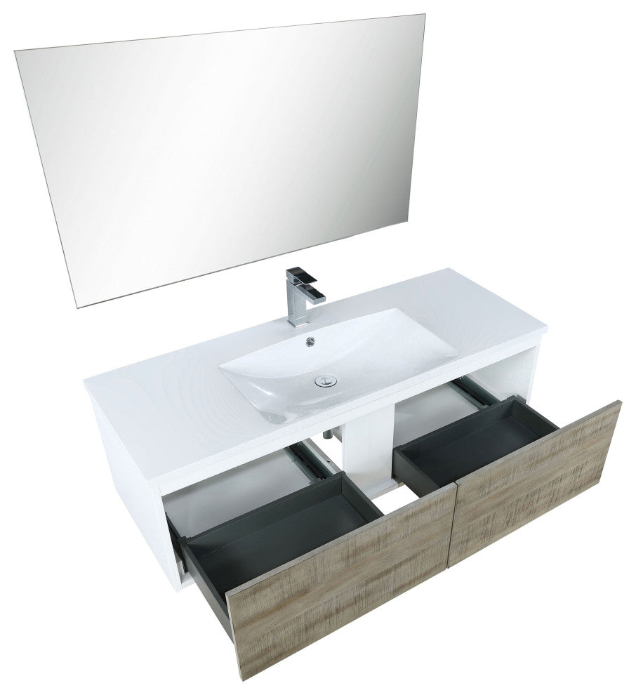 Scopi 48 Rustic Vanity, Acrylic Top With Sink, Gun Metal Faucet Set, 43 Mirror