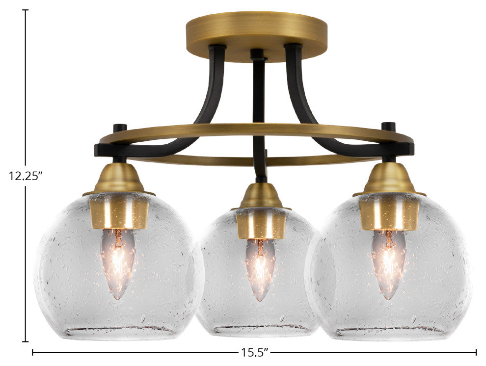 Paramount 3-Light Semi-Flush Light, Matte Black & Brass, 5.75" Clear Bubble