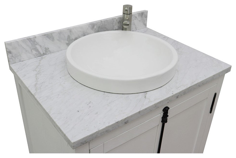 30" Single Vanity, Glacier Ash, White Carrara Top, Round Sink