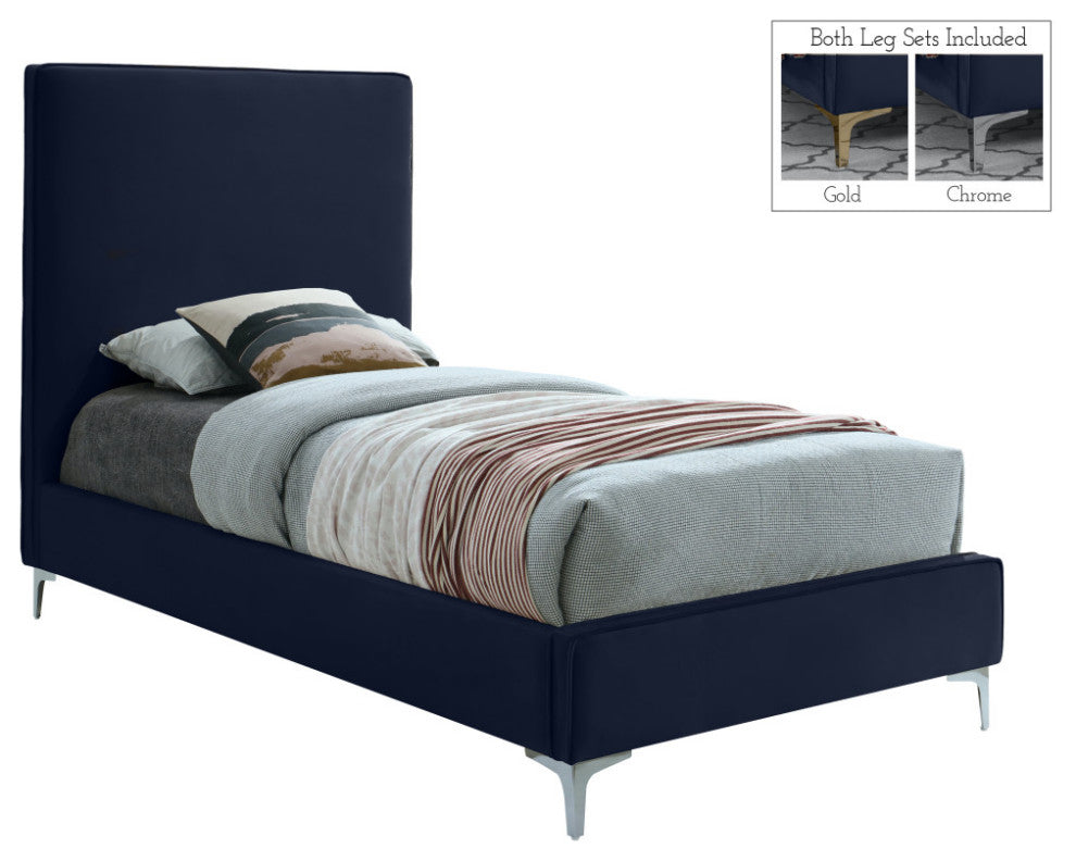 Geri Velvet Upholstered Bed, Navy, Twin