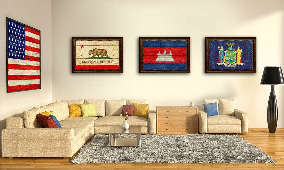 Cambodia Country Textured Flag Print With Brown Gold Frame, 23"X33"