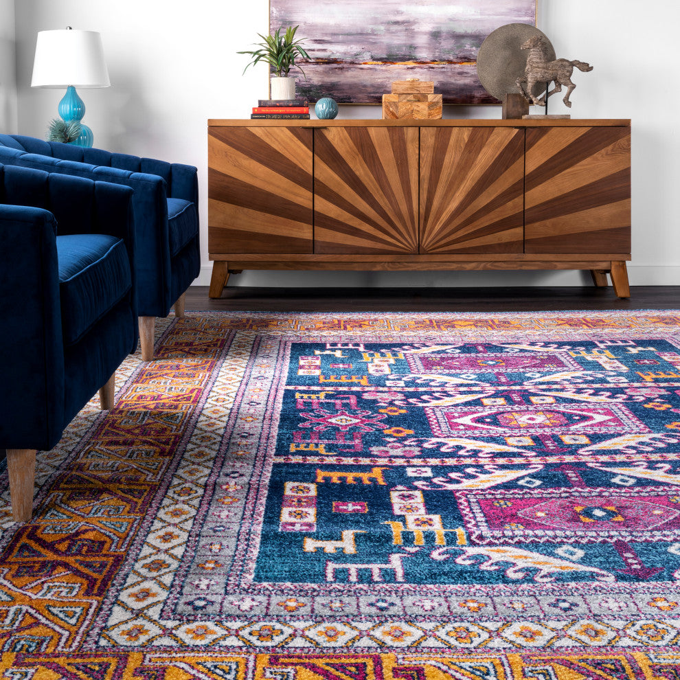 Nuloom Tecumseh Tribal Tale Triptych Area Rug, Navy 5'Square