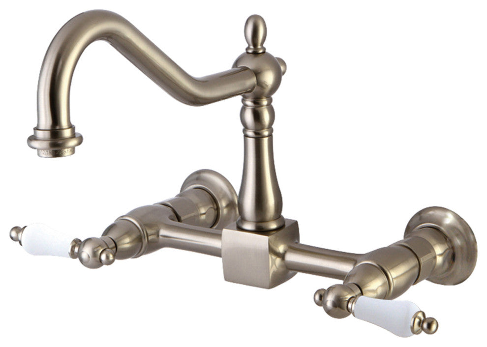 Kingston Brass Two-Handle Wall Mount Bridge Kitchen Faucet, Brushed Nickel
