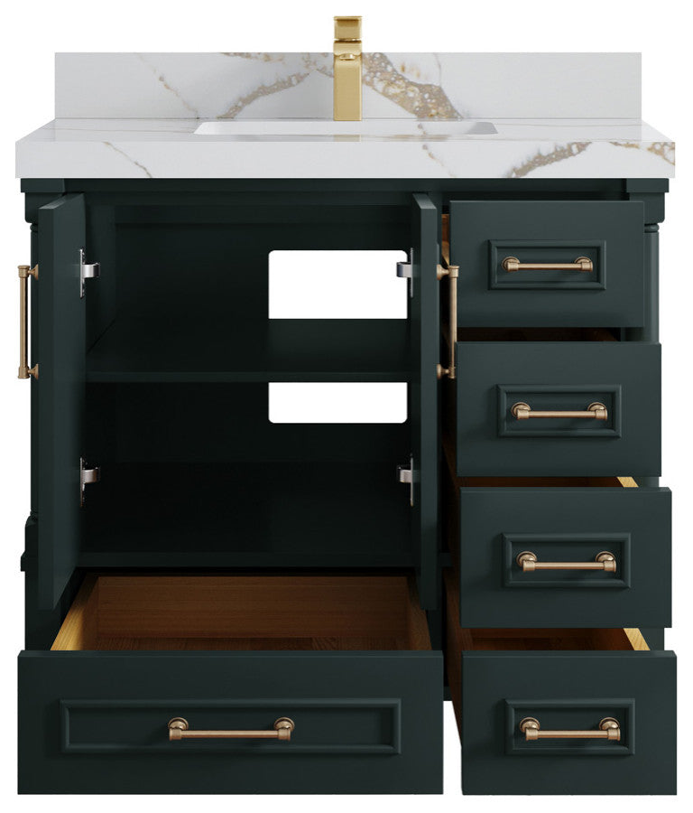 Aberdeen 36 Center Sink Bath Vanity in Dark Forest Green 2" Calacatta Gold