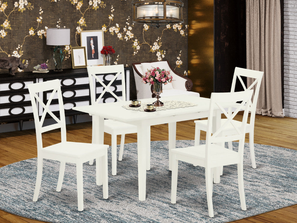 5Pc Dining Set 4 Wood Chairs, Butterfly Leaf Seat, Wood Table, Linen White
