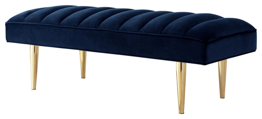 53" Navy Blue And Gold Upholstered Velvet Bench