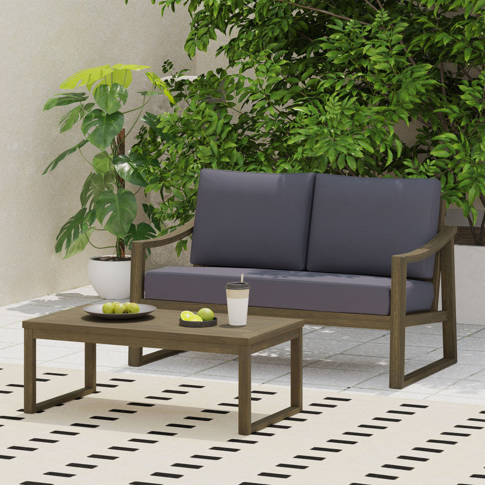 Johnlucas Outdoor Acacia Wood Loveseat and Coffee Table Set, Gray/Dark Gray