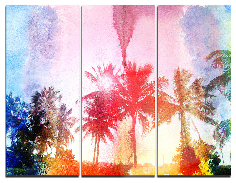"Retro Palm Trees Long View" Painting Metal Wall Art, 3 Panels, 36"x28"