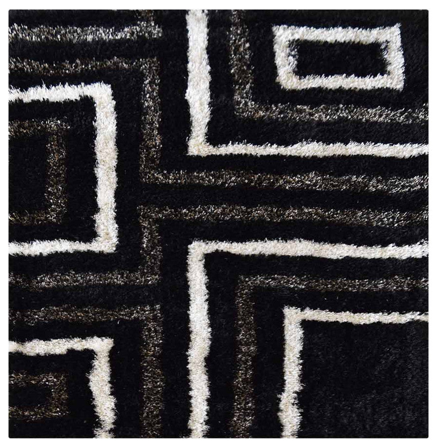 Hand Tufted Shag Polyester Area Rug Geometric Black Beige, 8'x8' Square