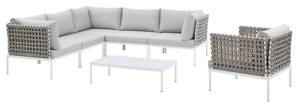 Lounge Sectional Sofa Chair Table Set, Sunbrella, Aluminum, Gray, Outdoor