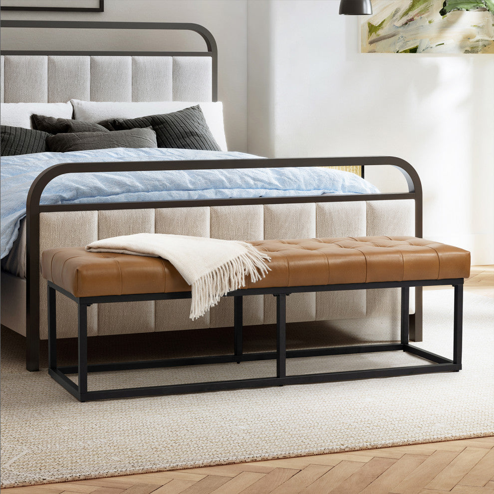 60"W Genuine Leather Bedroom Bench, Camel