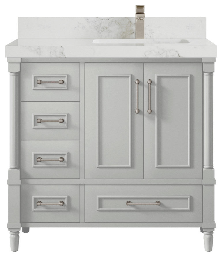 Aberdeen 36 Right Offset Bath Vanity in Coventry Gray 2" Calacatta Nuvo