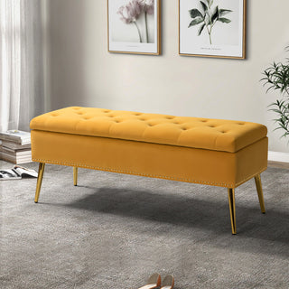 Button-tufted Storage Bench with Nailhead Trim, Mustard