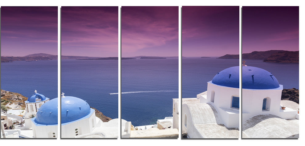 "Blue Domed Churches on Caldera" Landscape Print Wall Artwork, 5 Panels, 60"x28"