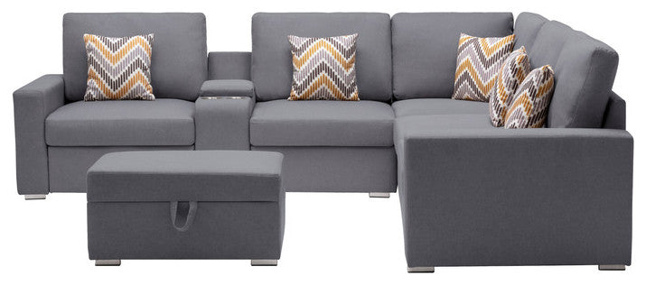 Nolan Gray Linen 7Pc Reversible Sectional Sofa, Storage Console Table, 89425-17B