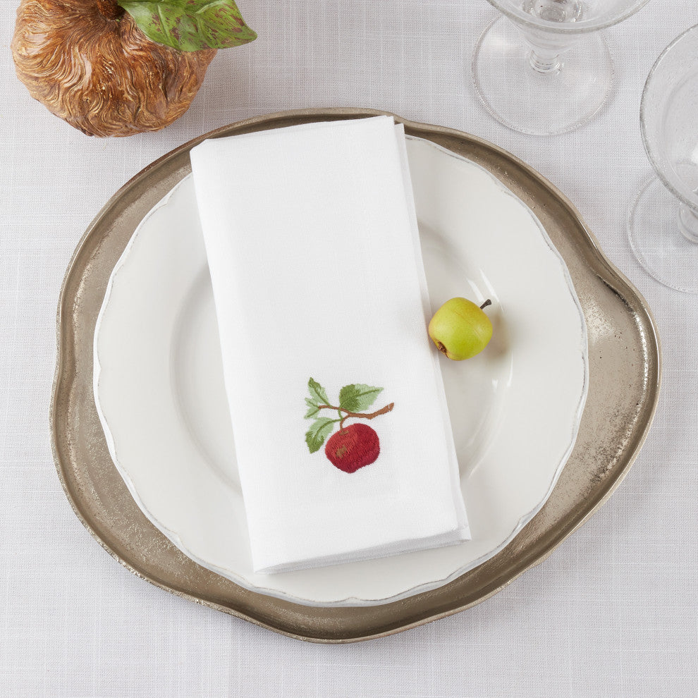EmbroideredTable Napkins With Apple Design (Set of 4), White, 20"x20"