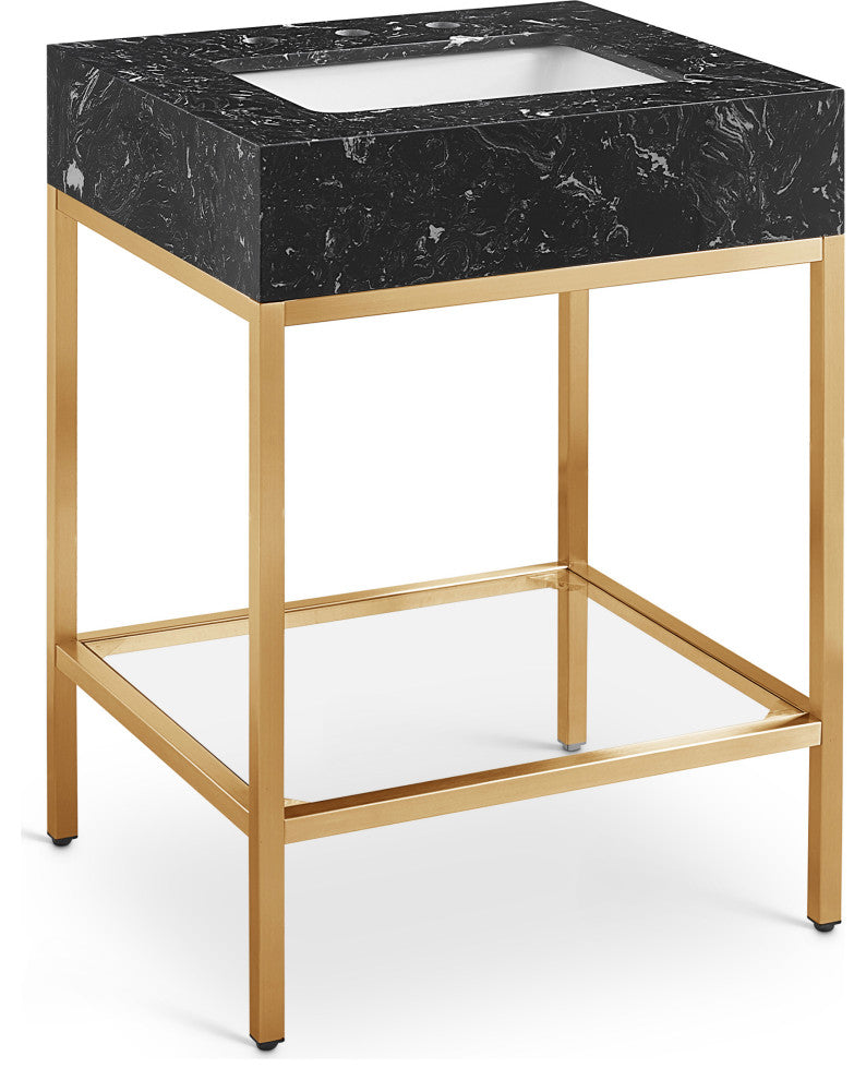 Marmo Bathroom Vanity, Black, 24" Wide, Brushed Brass Finish