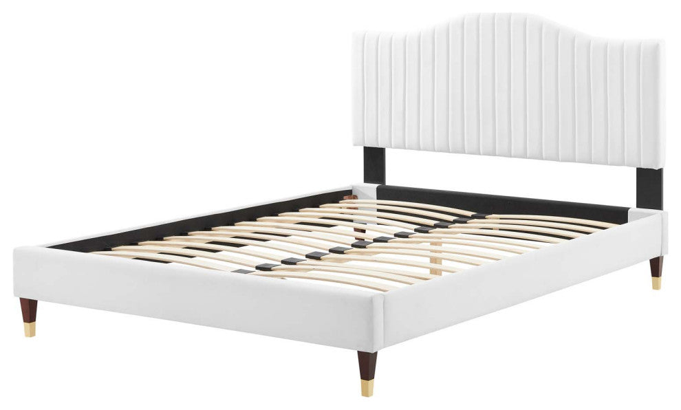 Tufted Platform Bed Frame, Full Size, Velvet, White, Modern Contemporary