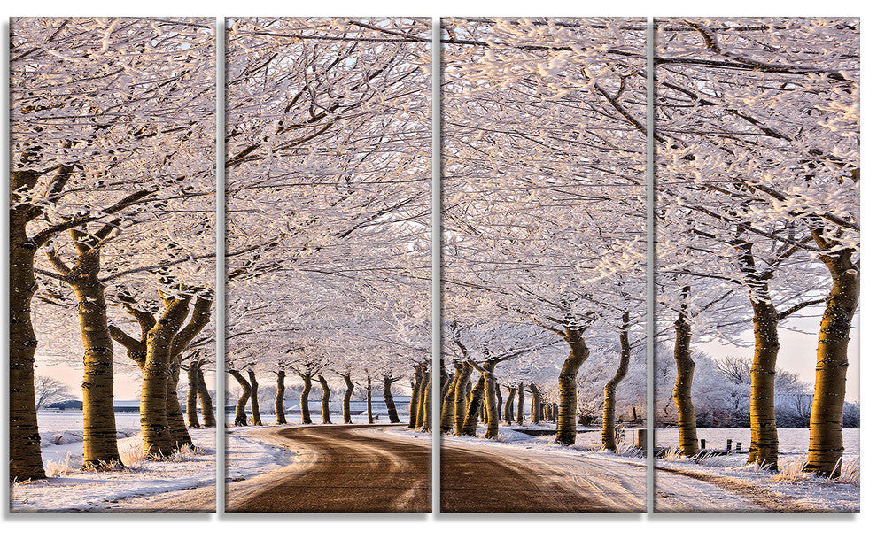 Trees And Road in White Winter, Landscape Canvas Art Print, 48"x28", 4 Panels