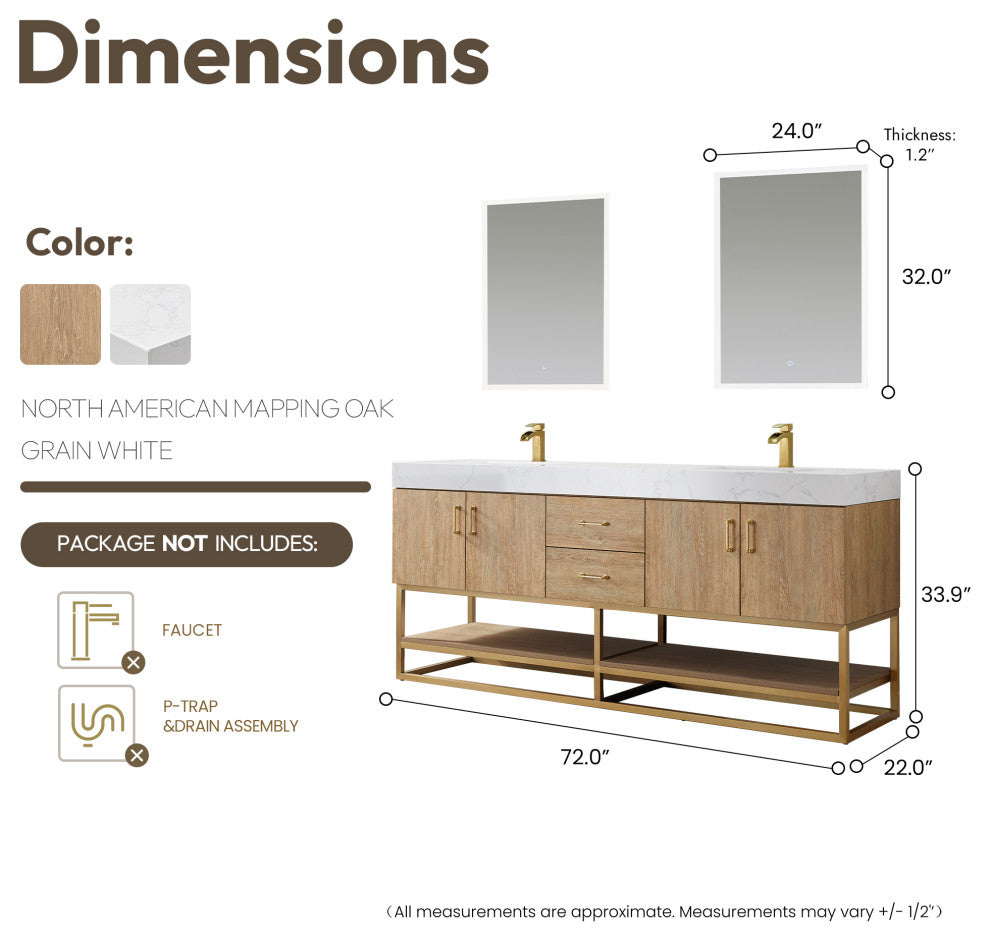 Alistair Vanity, North American Oak With Countertop, 72", With Mirror