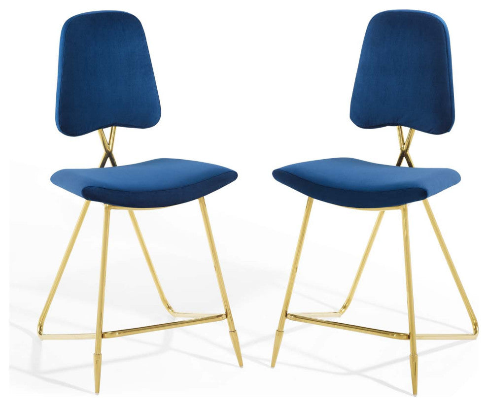 Counter Stool Chair, Set of 2, Velvet, Metal, Blue Navy, Modern, Bar Pub Bistro