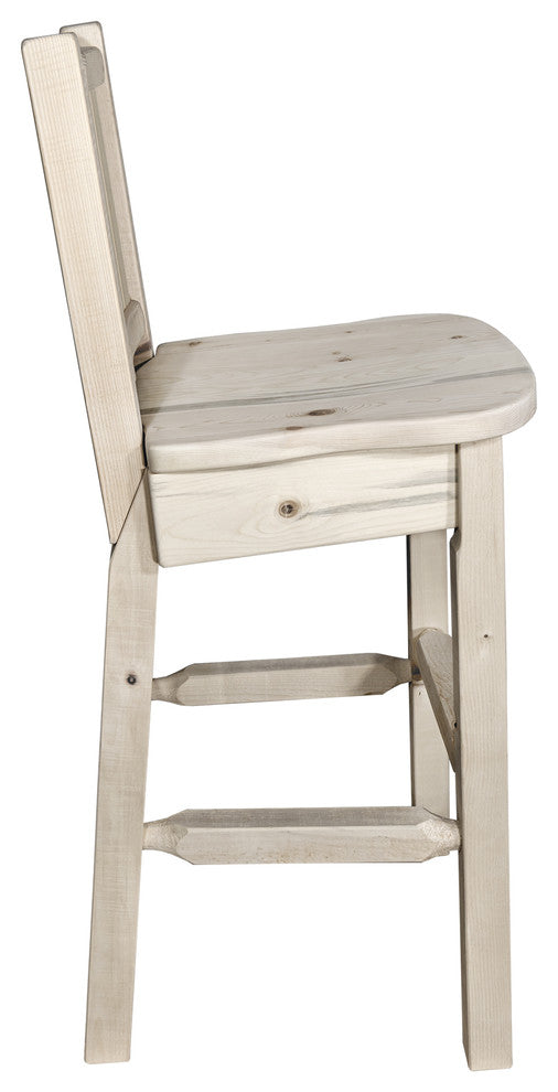 Homestead Barstool With Back, With Laser Engraved Wolf, Clear Lacquer Finish, La