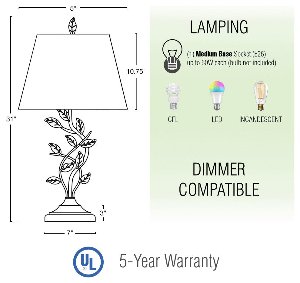 Kira Home Ambrose 31" Rustic Table Lamp, Beige Fabric Shade, Leaf Detailed Body