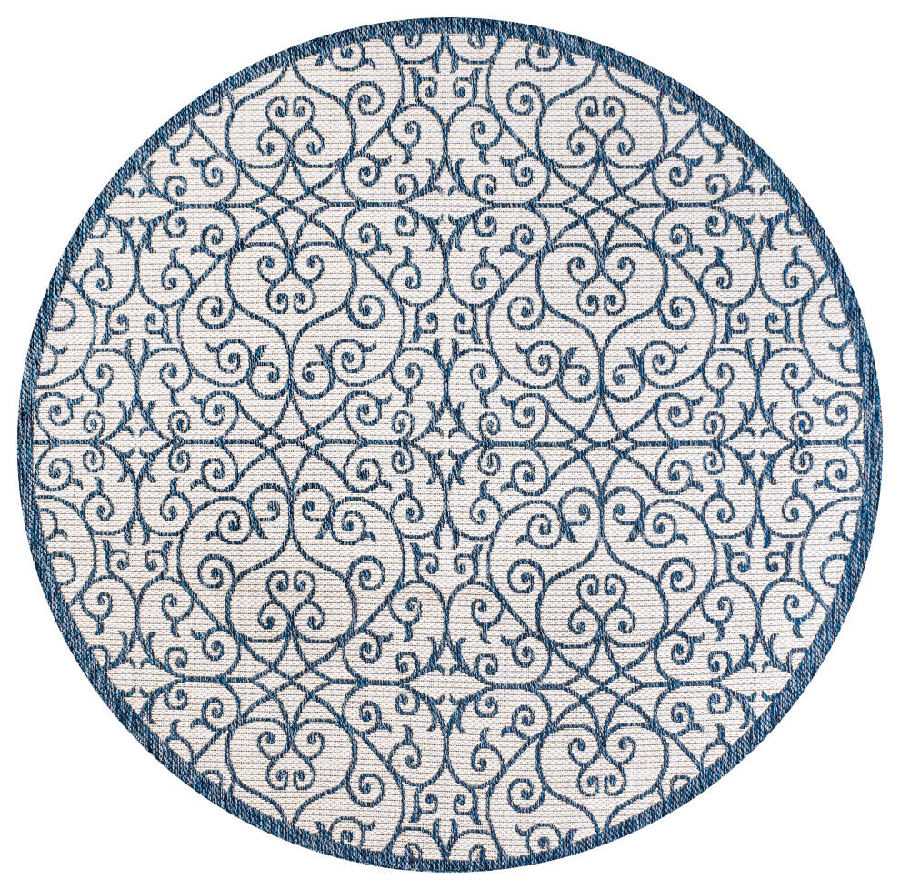 Madrid Vintage Filigree Textured Weave Indoor/Outdoor, Cream/Blue, 5' Round