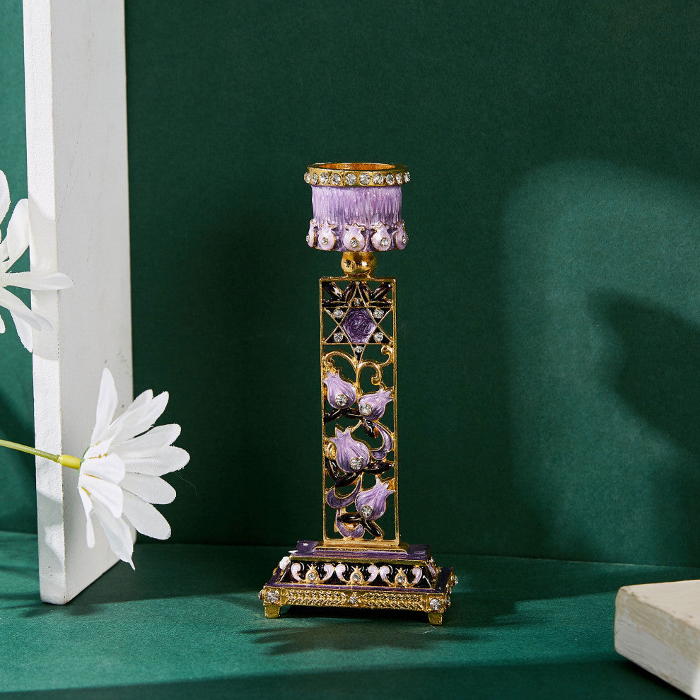 Matashi Shabbat Candlestick Holder (2-Piece) Hand-Painted,  Pewter (Purple)
