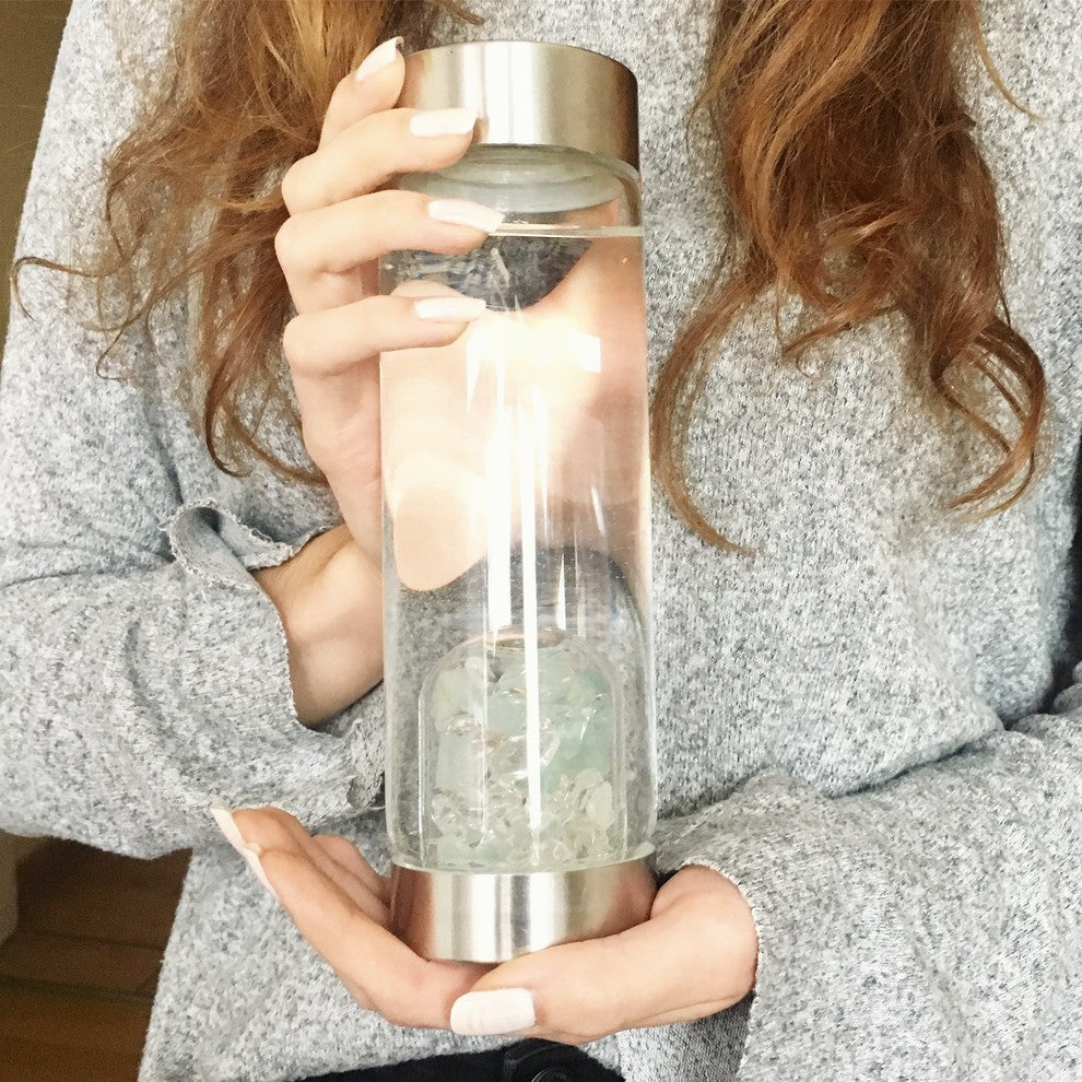 Water Bottle, VitaJuwel ViA Gemwater Bottle, Black Loop Caps, Ayurveda