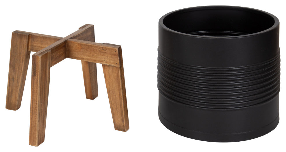 Gavri Metal Planter with Wood Stand, Black 11.25" Diameter