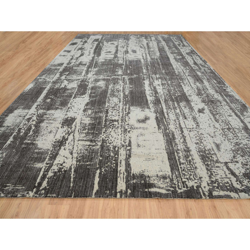 Black, Modern Design, Wool and Silk, Hand Loomed, Oversized, Rug, 12'0" x 18'1"