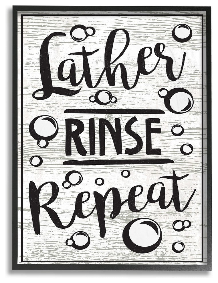 Lather Rinse Repeat Black & White With Bubbles Framed Giclee Art, 11"x14"