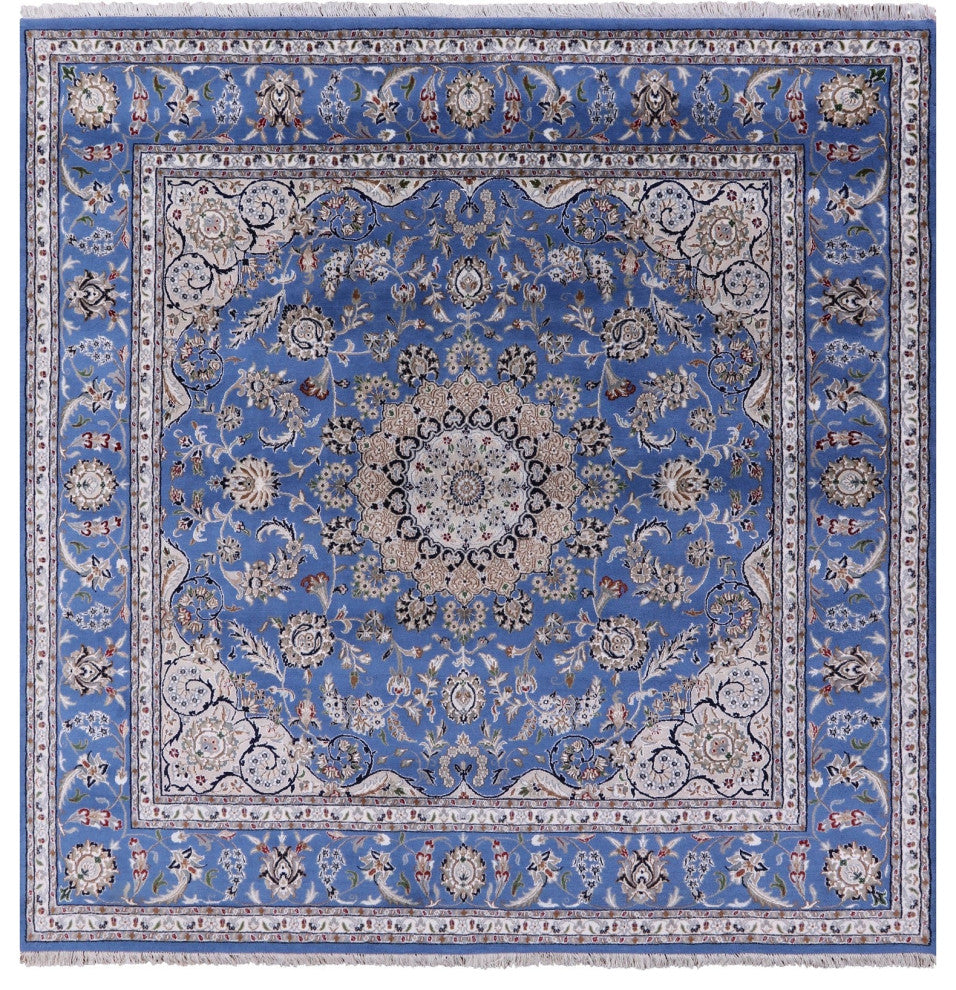8' Square Persian Nain Handmade Wool & Silk Rug - Q13142