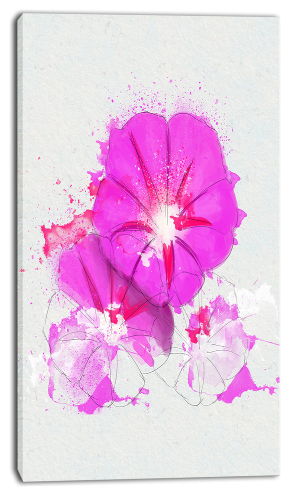 Pink Flowers Sketch with Color Splashes, Floral Canvas Art Print, 16"x32"
