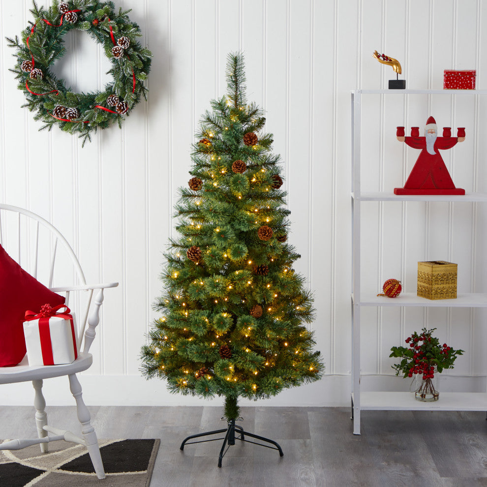5' White Mountain Pine Faux Xmas Tree With 200 Clear LED Lights and Pine Cones