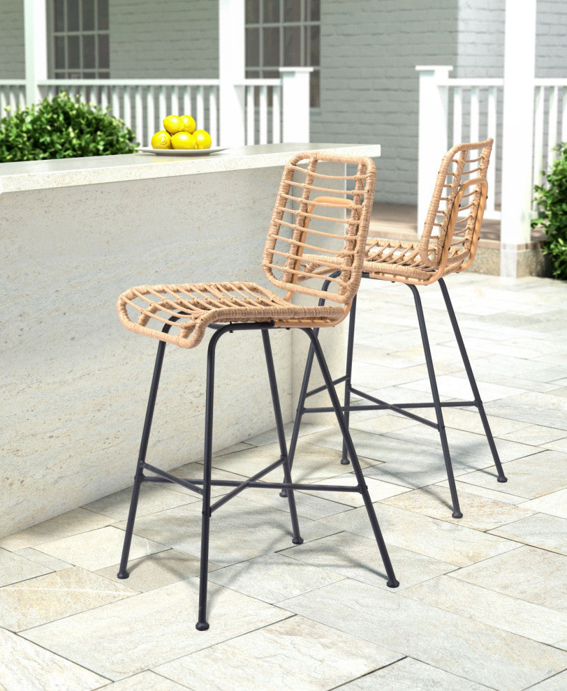Bar Stool Chair Barstool, Set of 2, Steel Metal, Natural, Black, Outdoor Patio