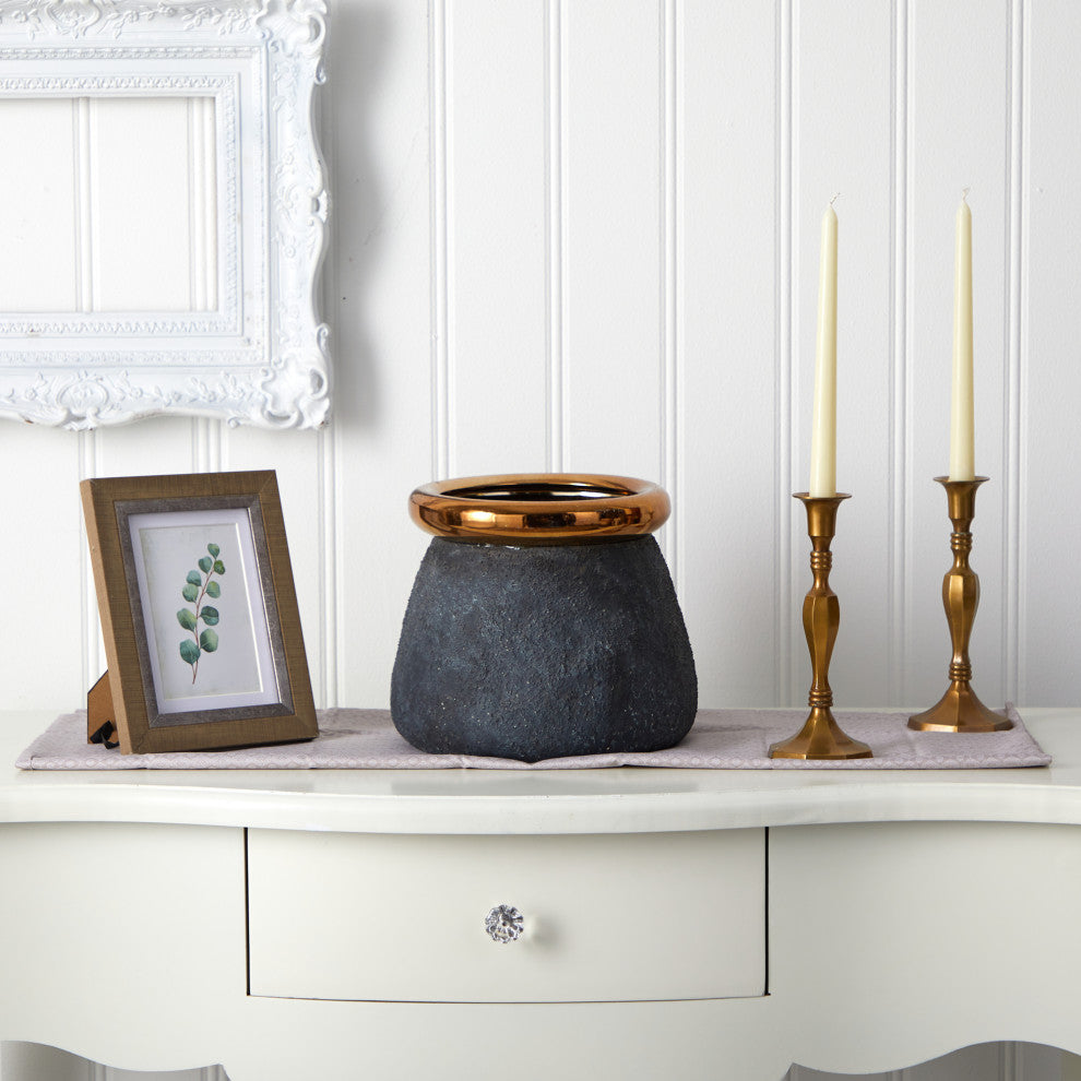 10" Stone Planter With Bronze Rim