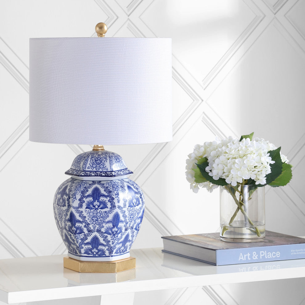 Gretchen 25" Ginger Jar Ceramic, Metal LED Table Lamp, Blue, White