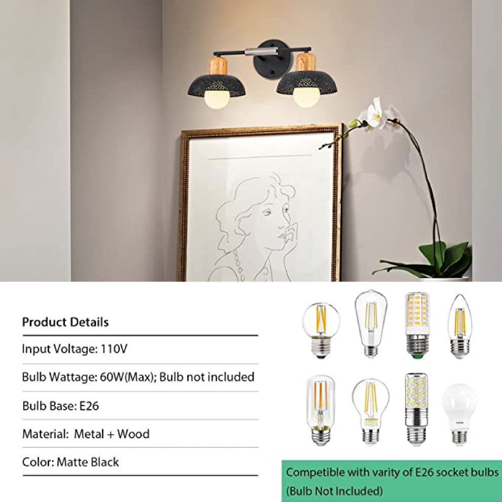 2-Light wall mounted lamp Wood black lamp shade Black accent light