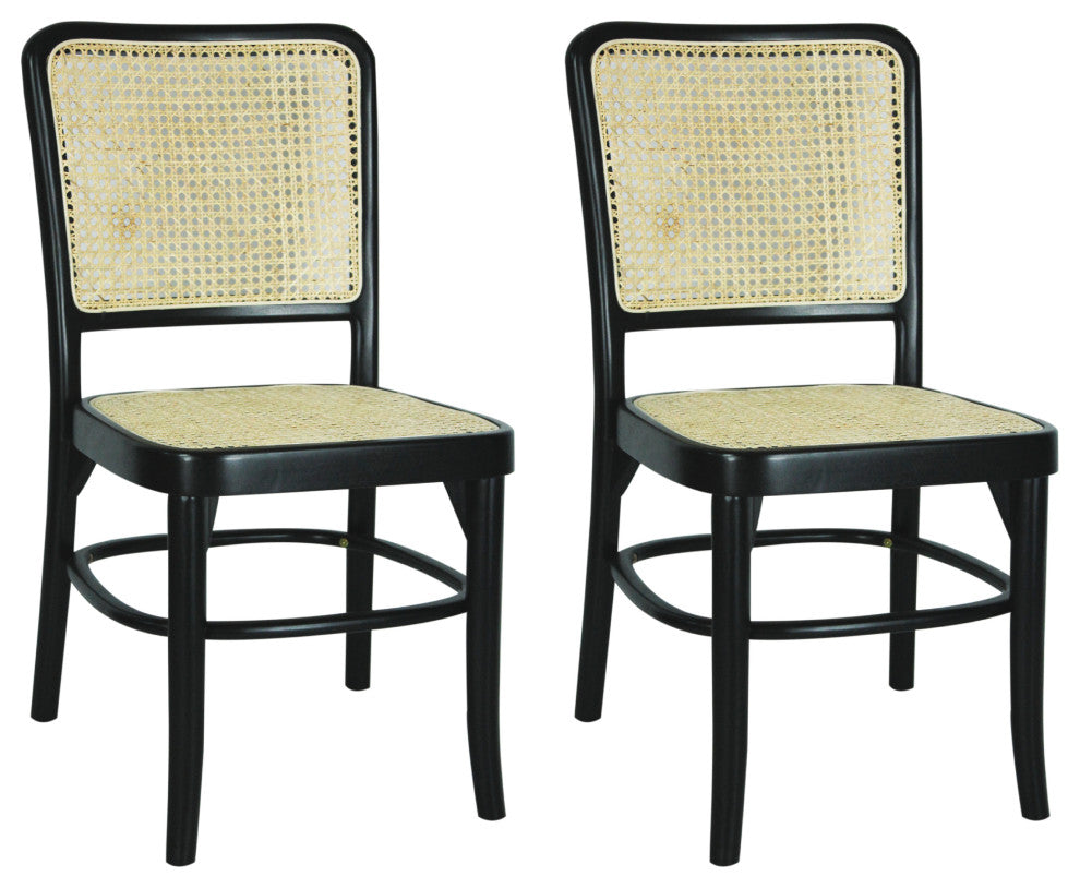 Colmar Mid-Century Vintage Wood Rattan Dining Chair, Black/Natural, Set of 2