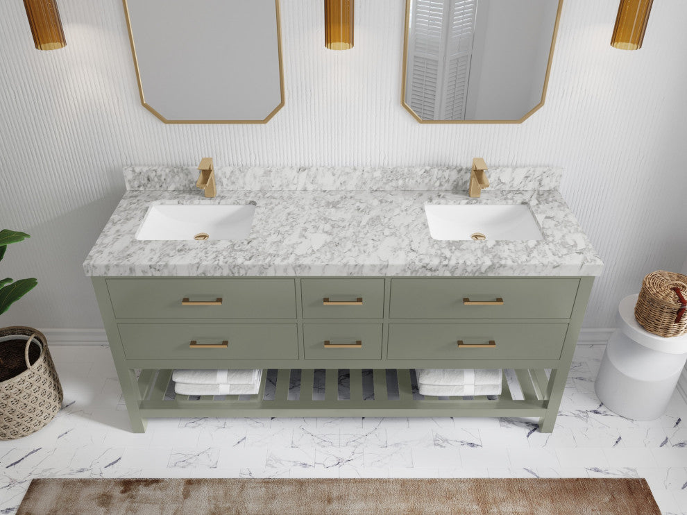 Parker 72" Double Sink Bath Vanity in Evergreen  2" Carrara Marble