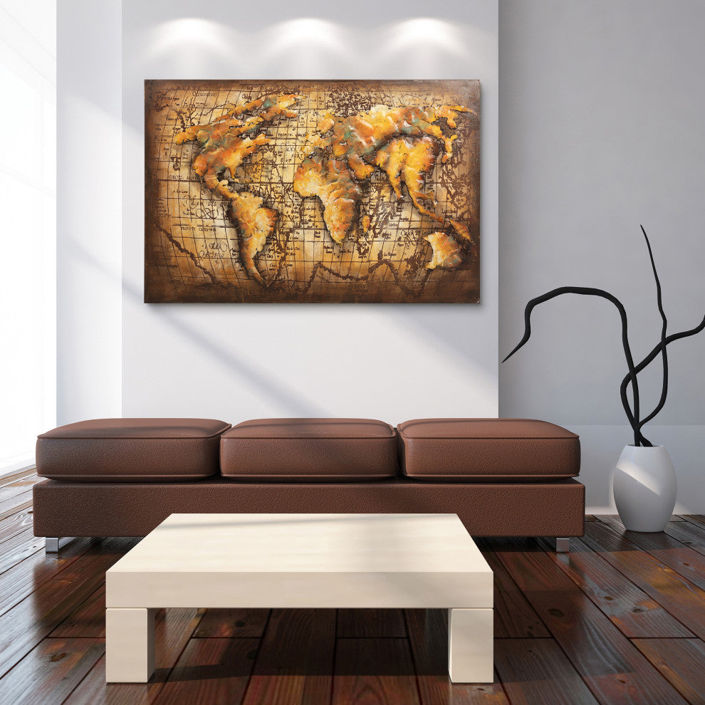 "Globe" World Map Mixed Media Iron Hand Painted Dimensional Wall Decor 48"x32"