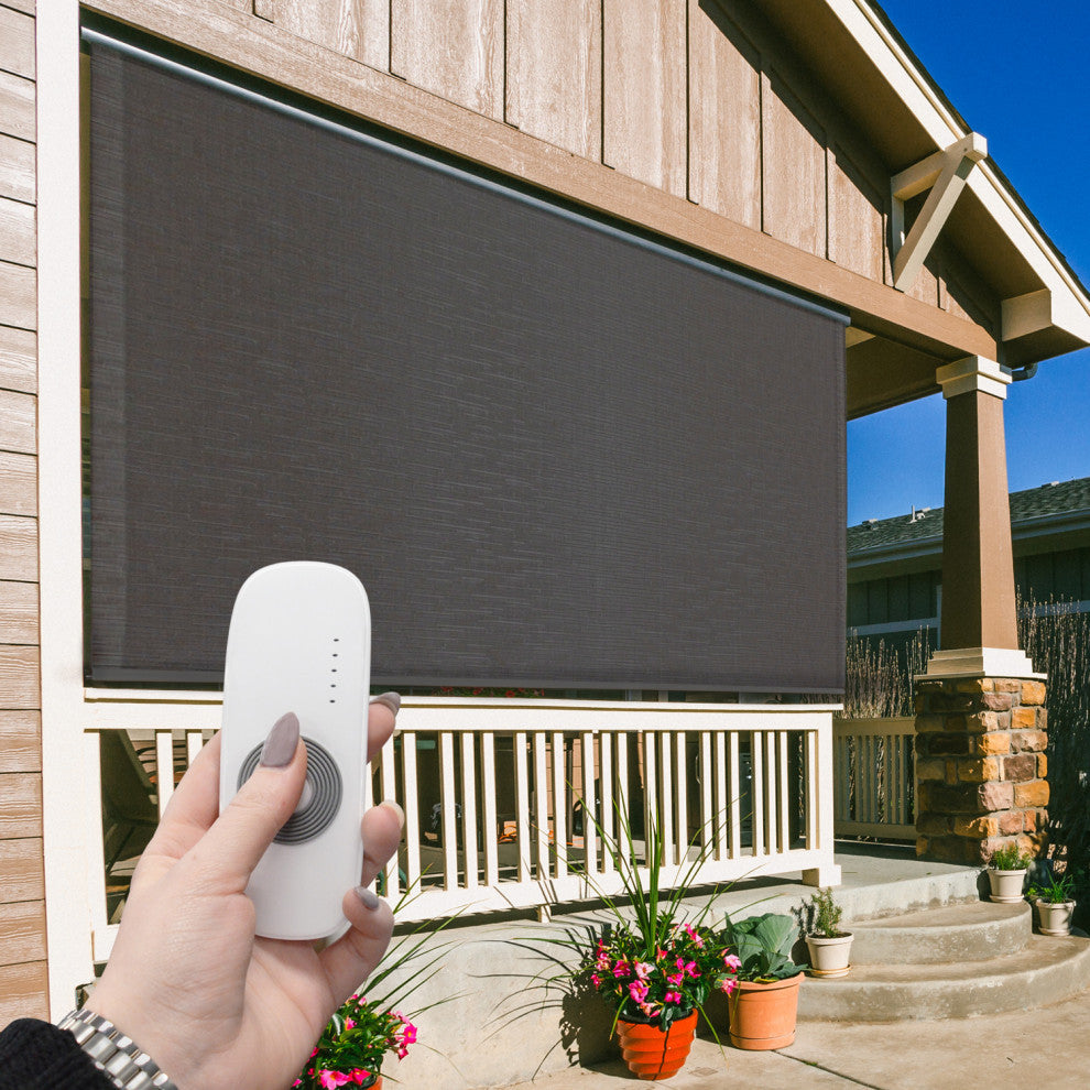 Outdoor Valanced Remote Control Operated Sunshade, Pearl Fabric, Obsidian, 48x96