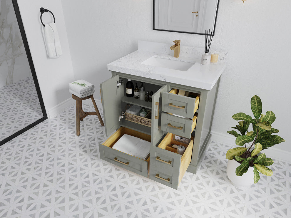 Boston 36 Left Offset Bath Vanity in Evergreen 2" Calacatta Laza