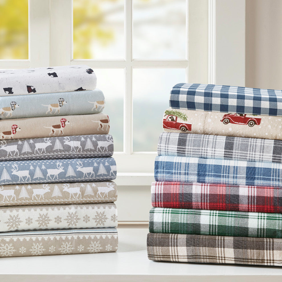 Woolrich Flannel Cotton Flannel Winter Sheet Set, White Scottie