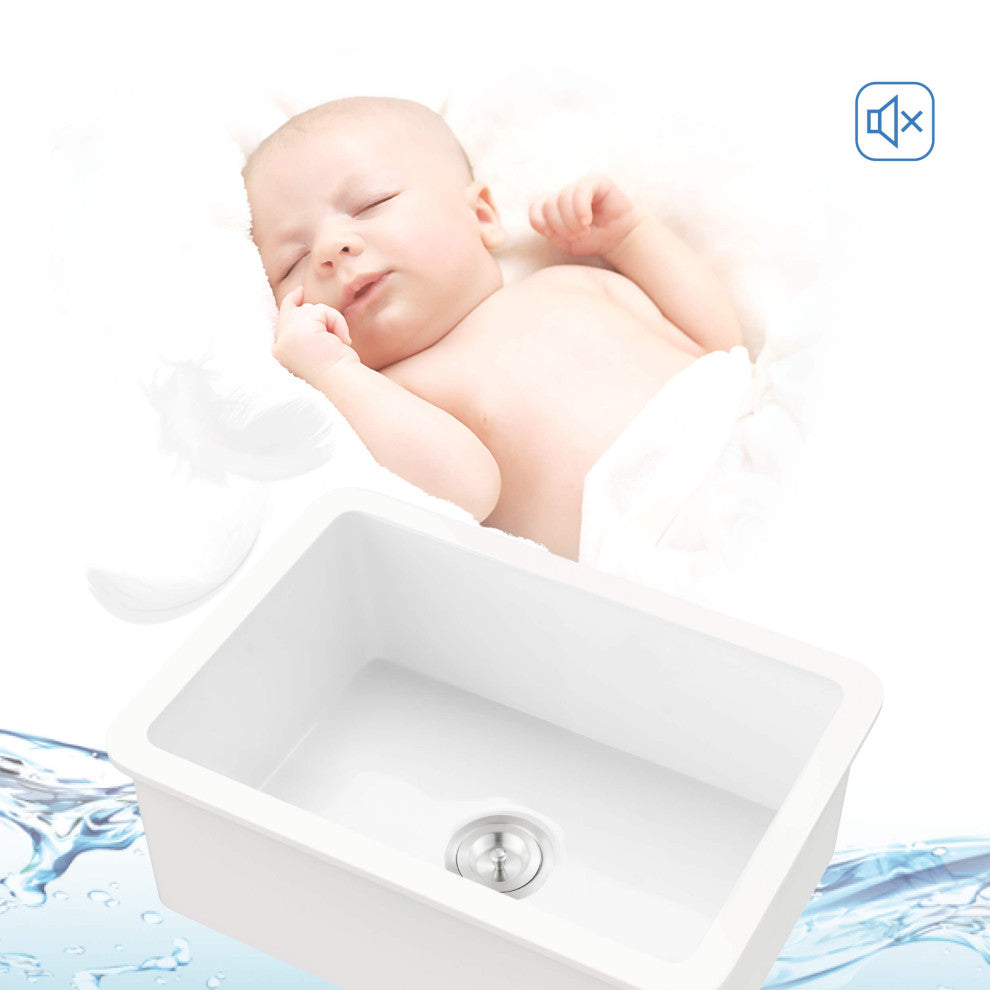 White Fireclay Farmhouse Undermount Kitchen Sink, Bottom Grid and Strain, 27"